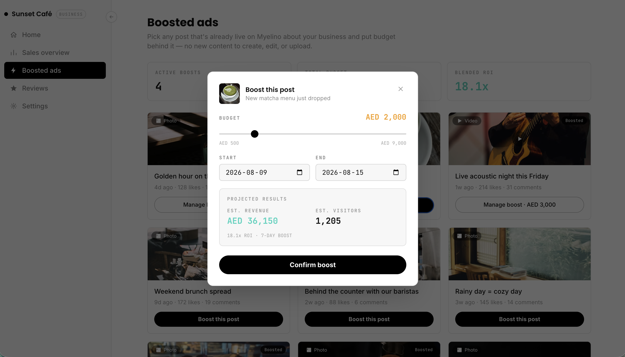 Myelino Business dashboard: Boosted ads screen with a post being boosted